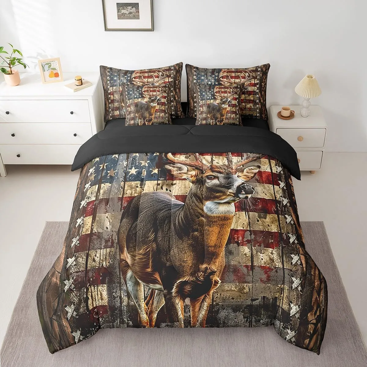 Feelyou Deer Hunting Comforter Set with Sheets American Flag 7 Piece Bedding Set King Size for Kids Boys Girls Wild Animal Deer Bed in a Bag Soft Down Bedding Comforters