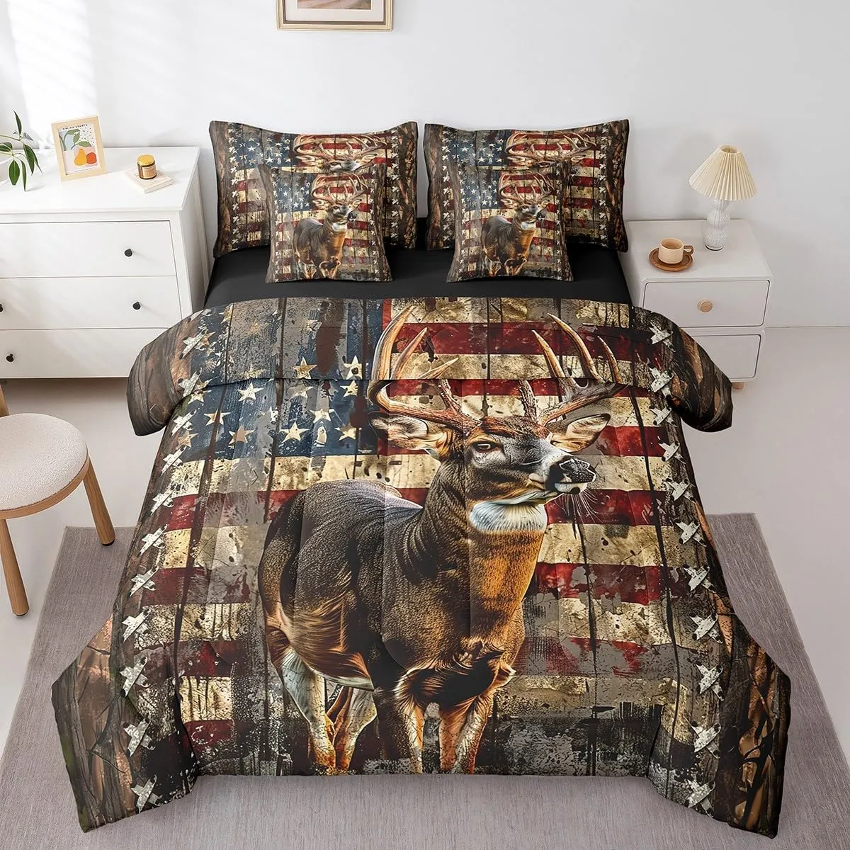 Feelyou Deer Hunting Comforter Set with Sheets American Flag 7 Piece Bedding Set King Size for Kids Boys Girls Wild Animal Deer Bed in a Bag Soft Down Bedding Comforters