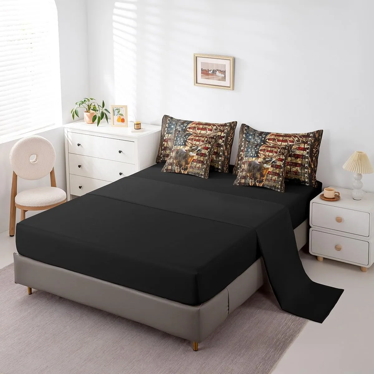 Feelyou Deer Hunting Comforter Set with Sheets American Flag 7 Piece Bedding Set King Size for Kids Boys Girls Wild Animal Deer Bed in a Bag Soft Down Bedding Comforters