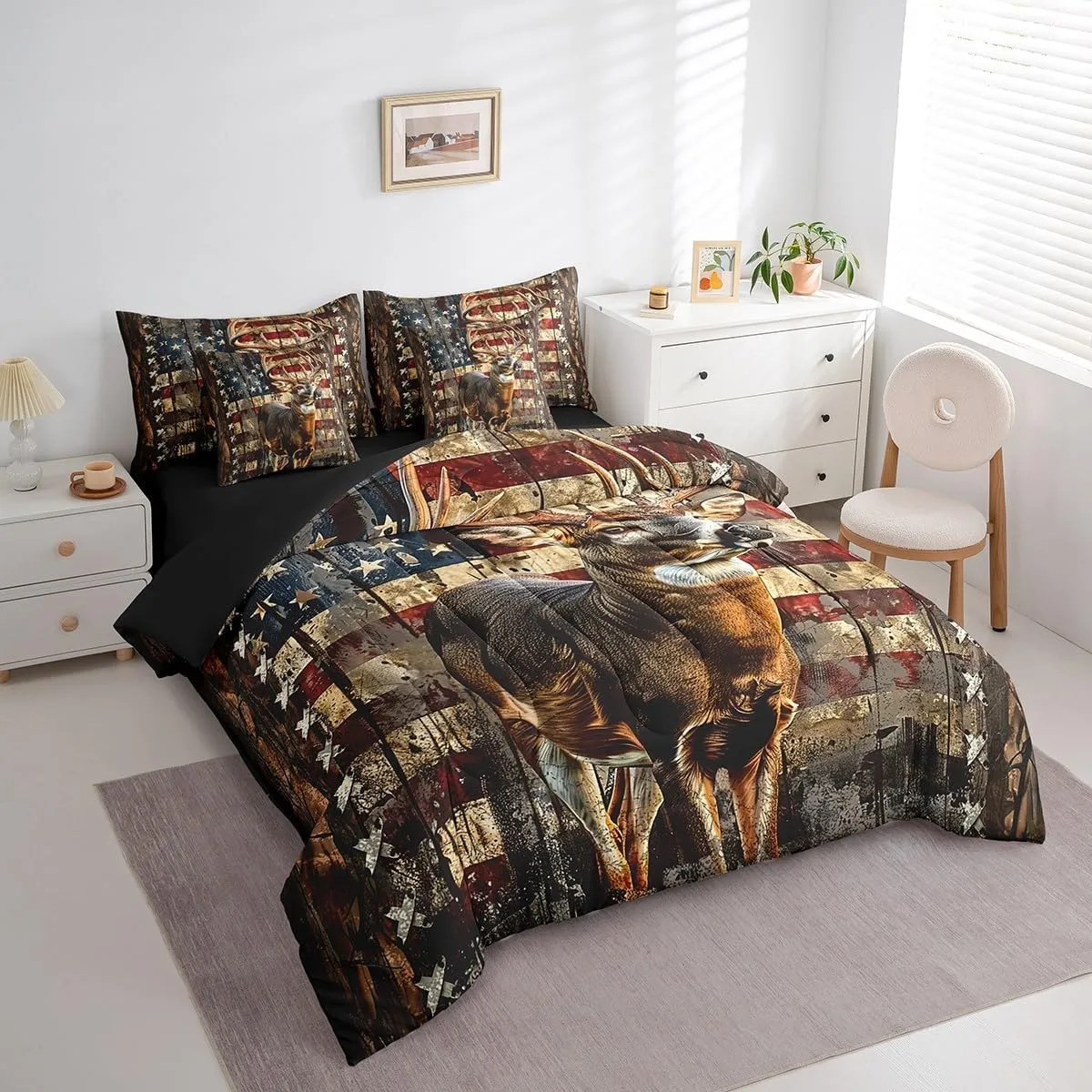 Feelyou Deer Hunting Comforter Set with Sheets American Flag 7 Piece Bedding Set King Size for Kids Boys Girls Wild Animal Deer Bed in a Bag Soft Down Bedding Comforters