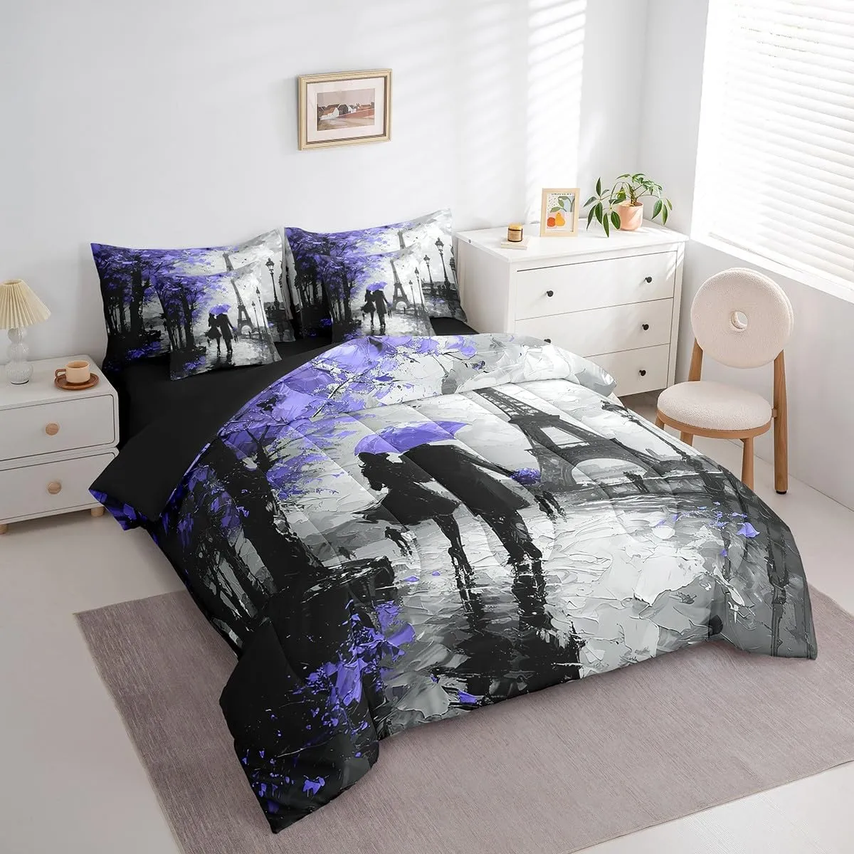 Feelyou Eiffel Tower Bedding Set King Size 7 Pieces Couple Purple Romantic Paris Valentine's Day Comforter France Trip Bed in a Bag with Comforter, Sheets, Pillowcases & Cushion Cover