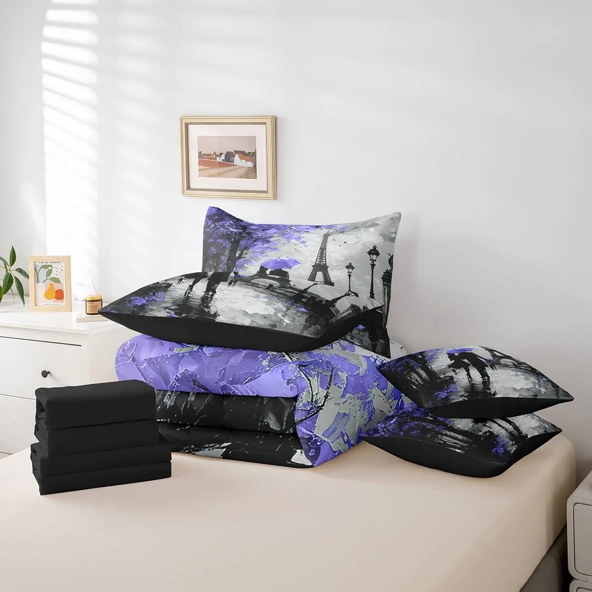Feelyou Eiffel Tower Bedding Set King Size 7 Pieces Couple Purple Romantic Paris Valentine's Day Comforter France Trip Bed in a Bag with Comforter, Sheets, Pillowcases & Cushion Cover