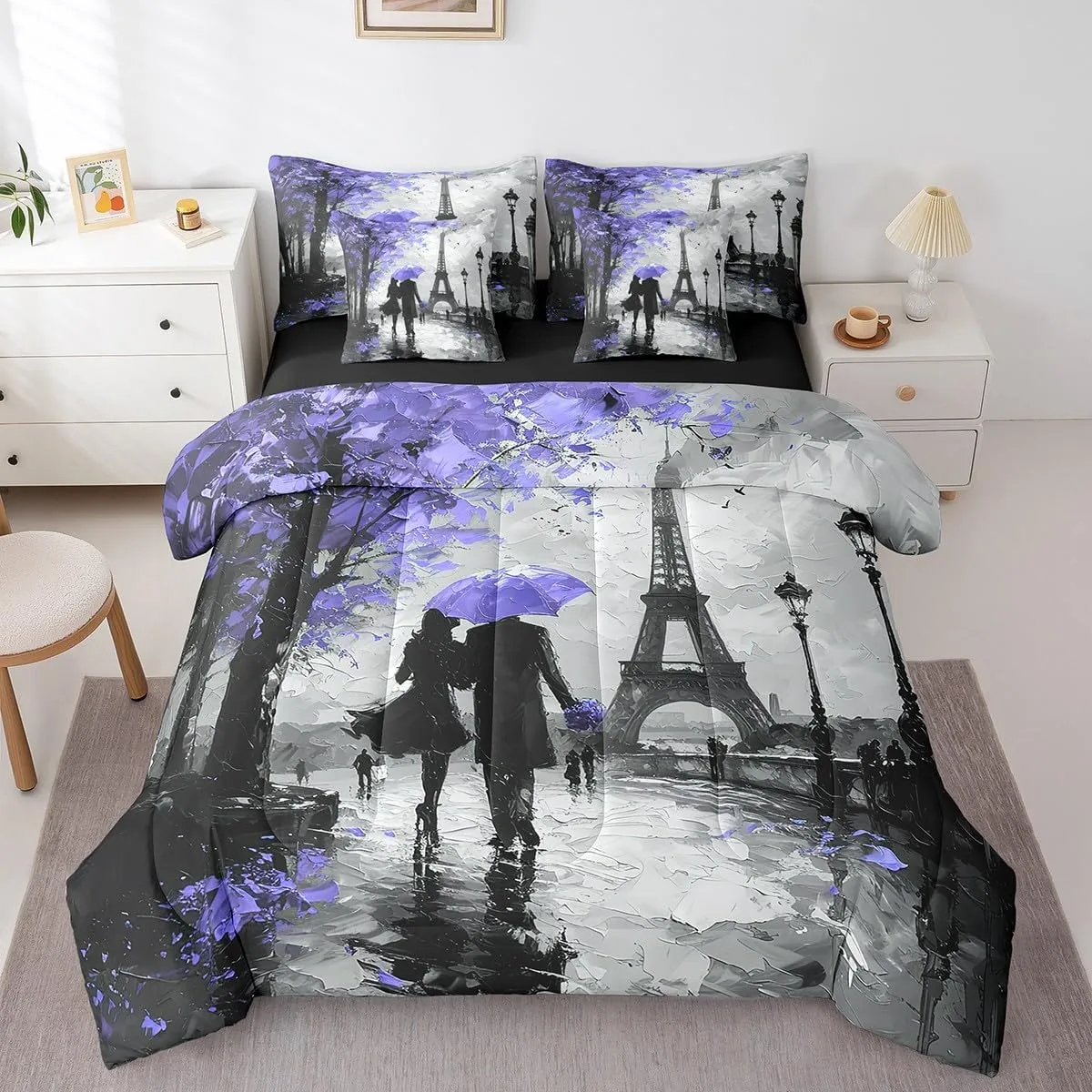 Feelyou Eiffel Tower Bedding Set King Size 7 Pieces Couple Purple Romantic Paris Valentine's Day Comforter France Trip Bed in a Bag with Comforter, Sheets, Pillowcases & Cushion Cover