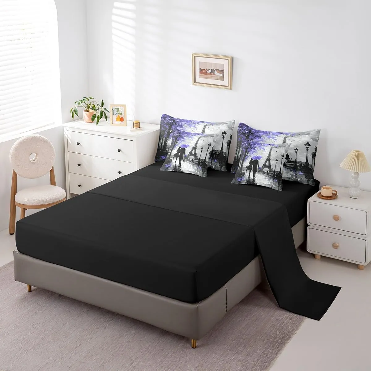 Feelyou Eiffel Tower Bedding Set King Size 7 Pieces Couple Purple Romantic Paris Valentine's Day Comforter France Trip Bed in a Bag with Comforter, Sheets, Pillowcases & Cushion Cover