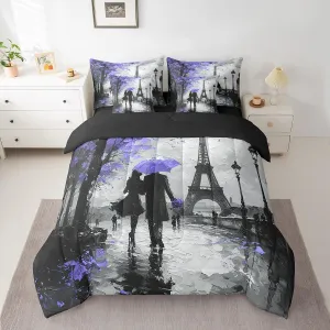 Feelyou Eiffel Tower Bedding Set King Size 7 Pieces Couple Purple Romantic Paris Valentine's Day Comforter France Trip Bed in a Bag with Comforter, Sheets, Pillowcases & Cushion Cover