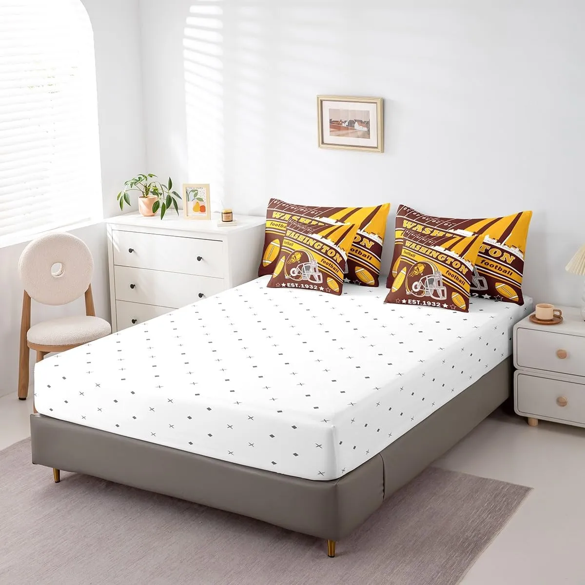Feelyou Football 7 Pieces Comforter Sets King Size Kids Washington Bedding Set for All Season Gifts for Football Fans Football City Bed in a Bag with Comforter, Sheets, Pillowcases & Cushion Cover