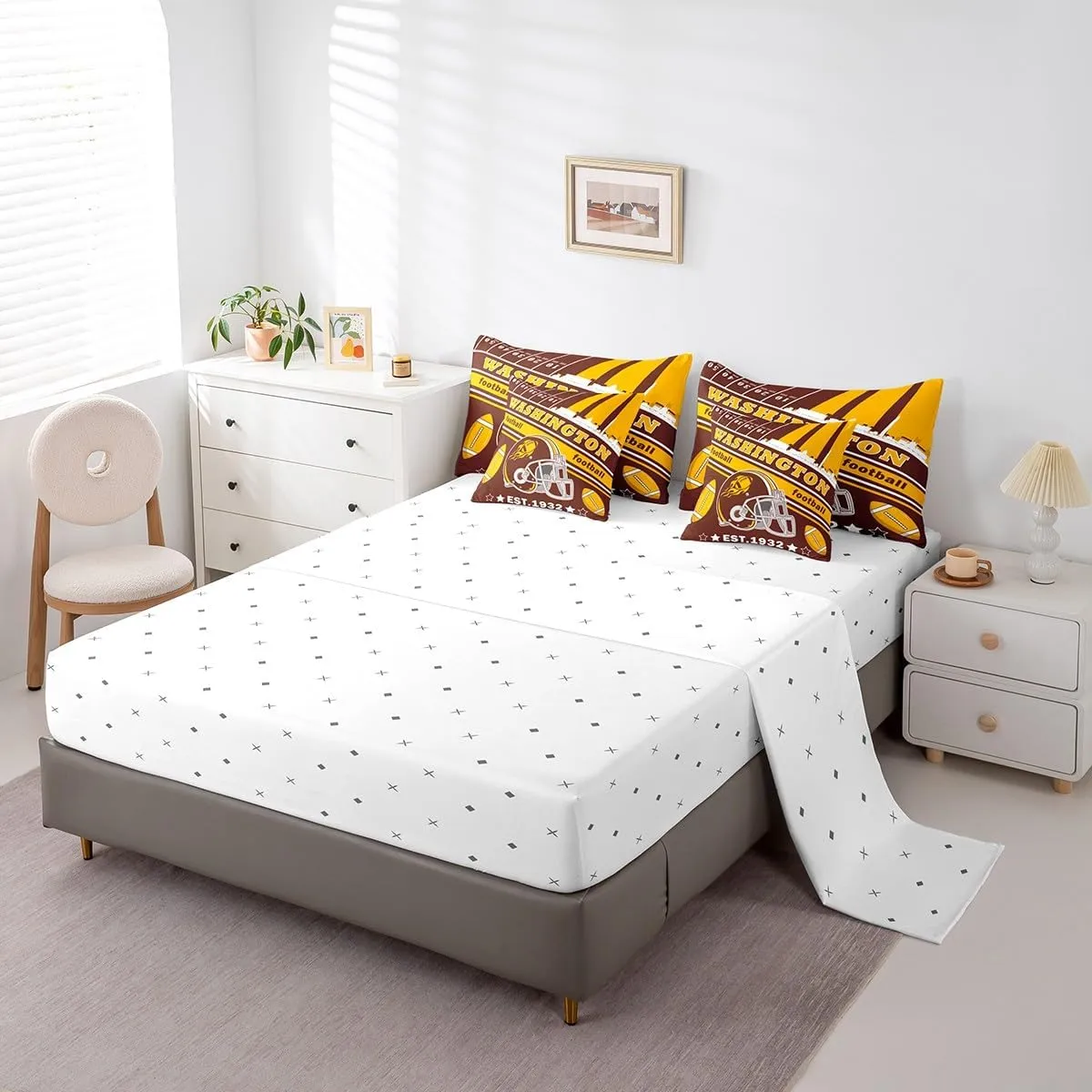 Feelyou Football 7 Pieces Comforter Sets King Size Kids Washington Bedding Set for All Season Gifts for Football Fans Football City Bed in a Bag with Comforter, Sheets, Pillowcases & Cushion Cover
