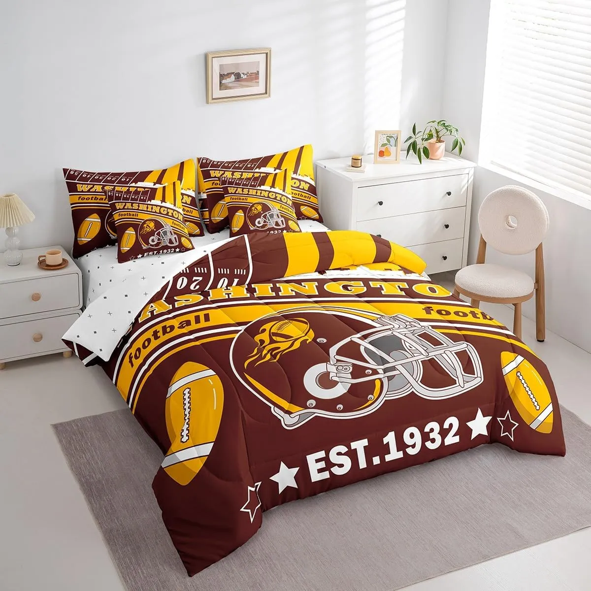 Feelyou Football 7 Pieces Comforter Sets King Size Kids Washington Bedding Set for All Season Gifts for Football Fans Football City Bed in a Bag with Comforter, Sheets, Pillowcases & Cushion Cover