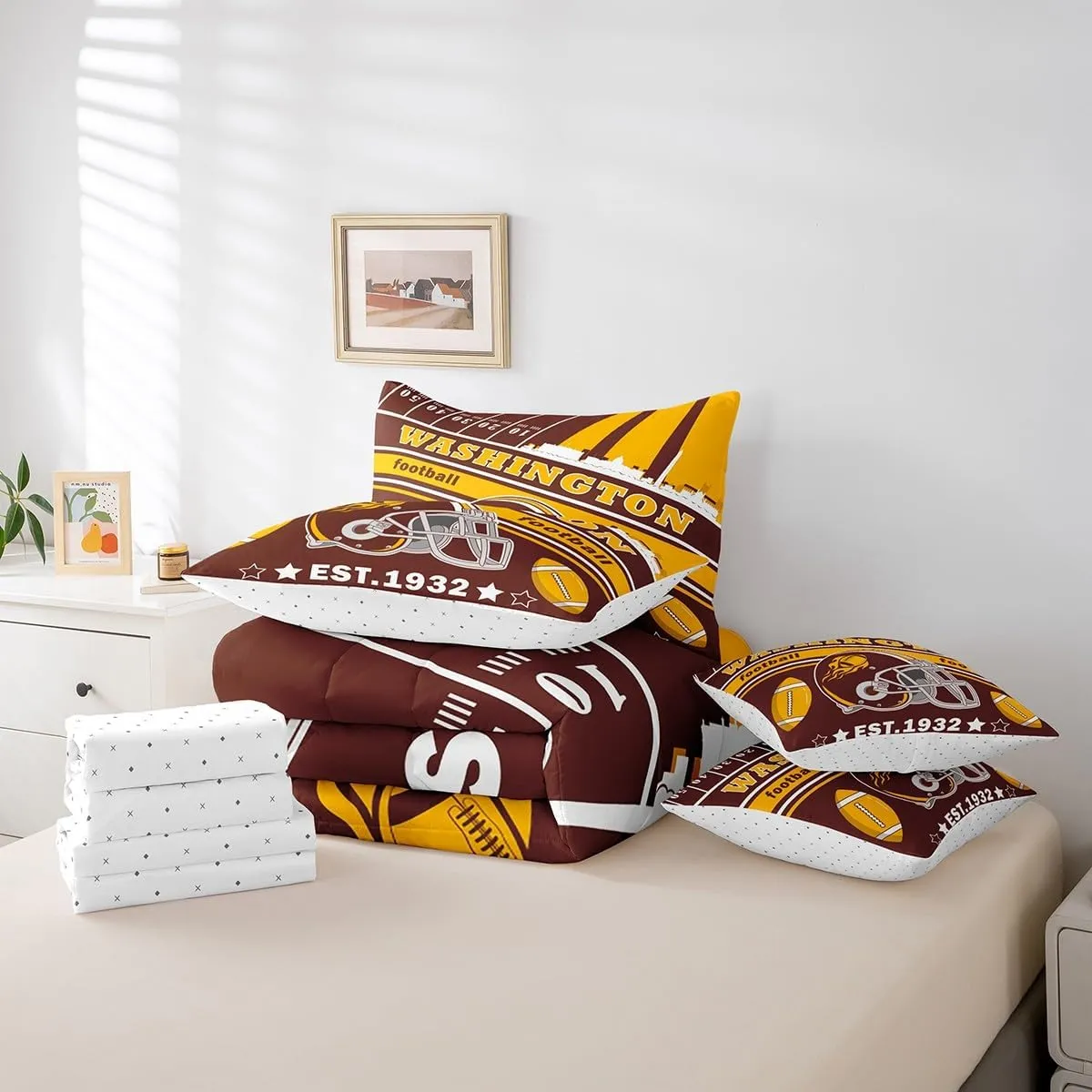 Feelyou Football 7 Pieces Comforter Sets King Size Kids Washington Bedding Set for All Season Gifts for Football Fans Football City Bed in a Bag with Comforter, Sheets, Pillowcases & Cushion Cover