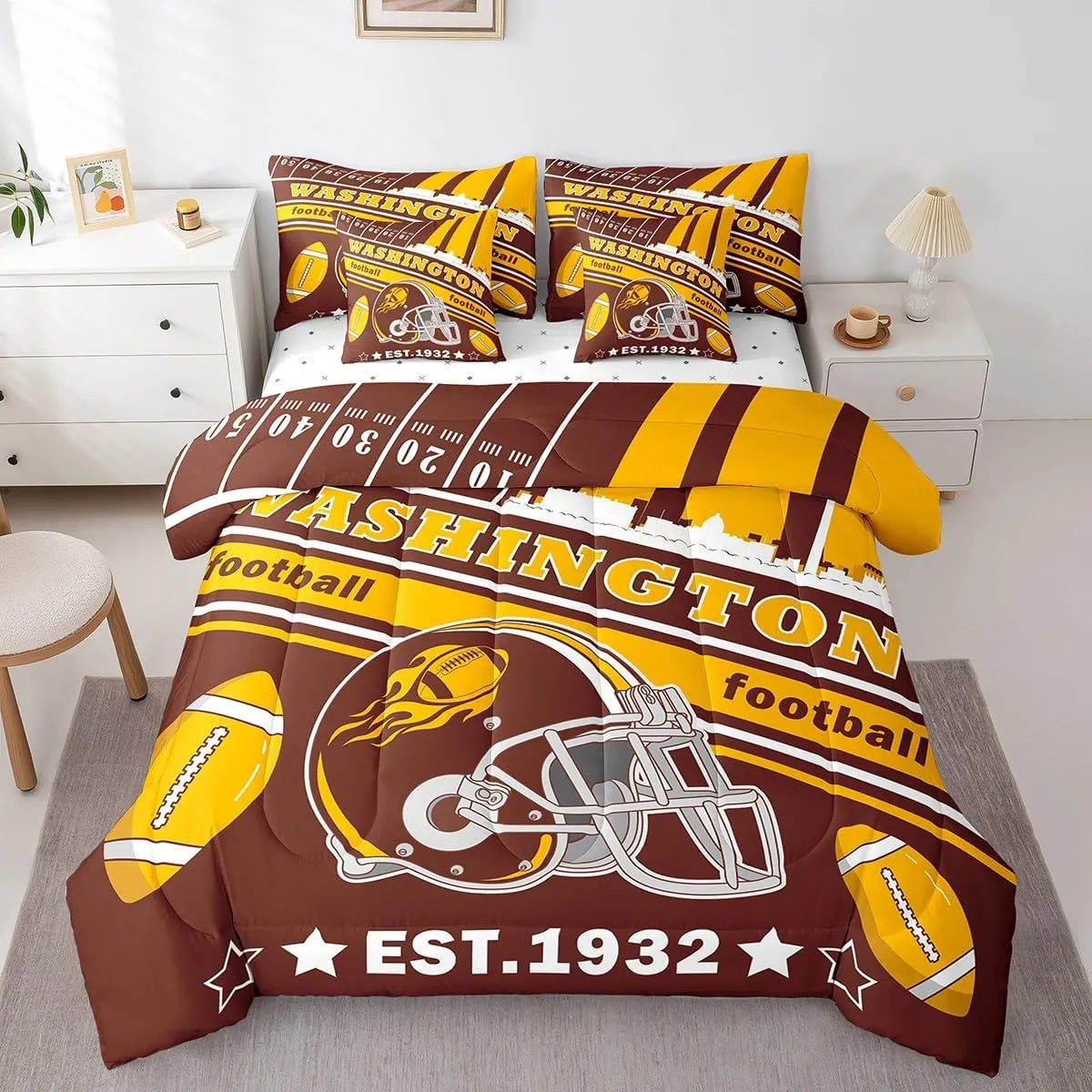 Feelyou Football 7 Pieces Comforter Sets King Size Kids Washington Bedding Set for All Season Gifts for Football Fans Football City Bed in a Bag with Comforter, Sheets, Pillowcases & Cushion Cover
