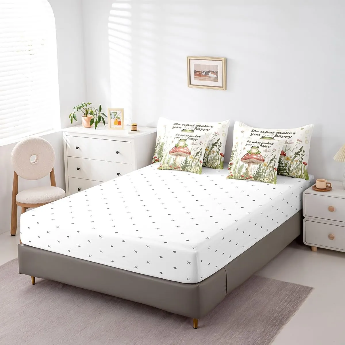 Feelyou Frog Comforter Set with Sheets King Size Cute Bed in a Bag Funny Animal Theme 7 Pieces Bedding Set Bluish White Bed Set Room Decor Small Animall