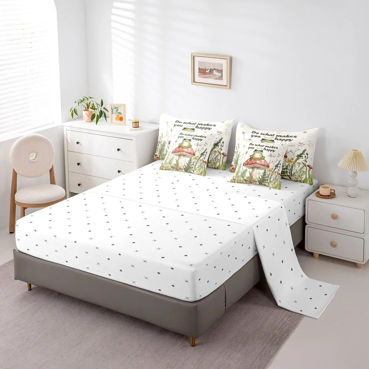 Feelyou Frog Comforter Set with Sheets King Size Cute Bed in a Bag Funny Animal Theme 7 Pieces Bedding Set Bluish White Bed Set Room Decor Small Animall