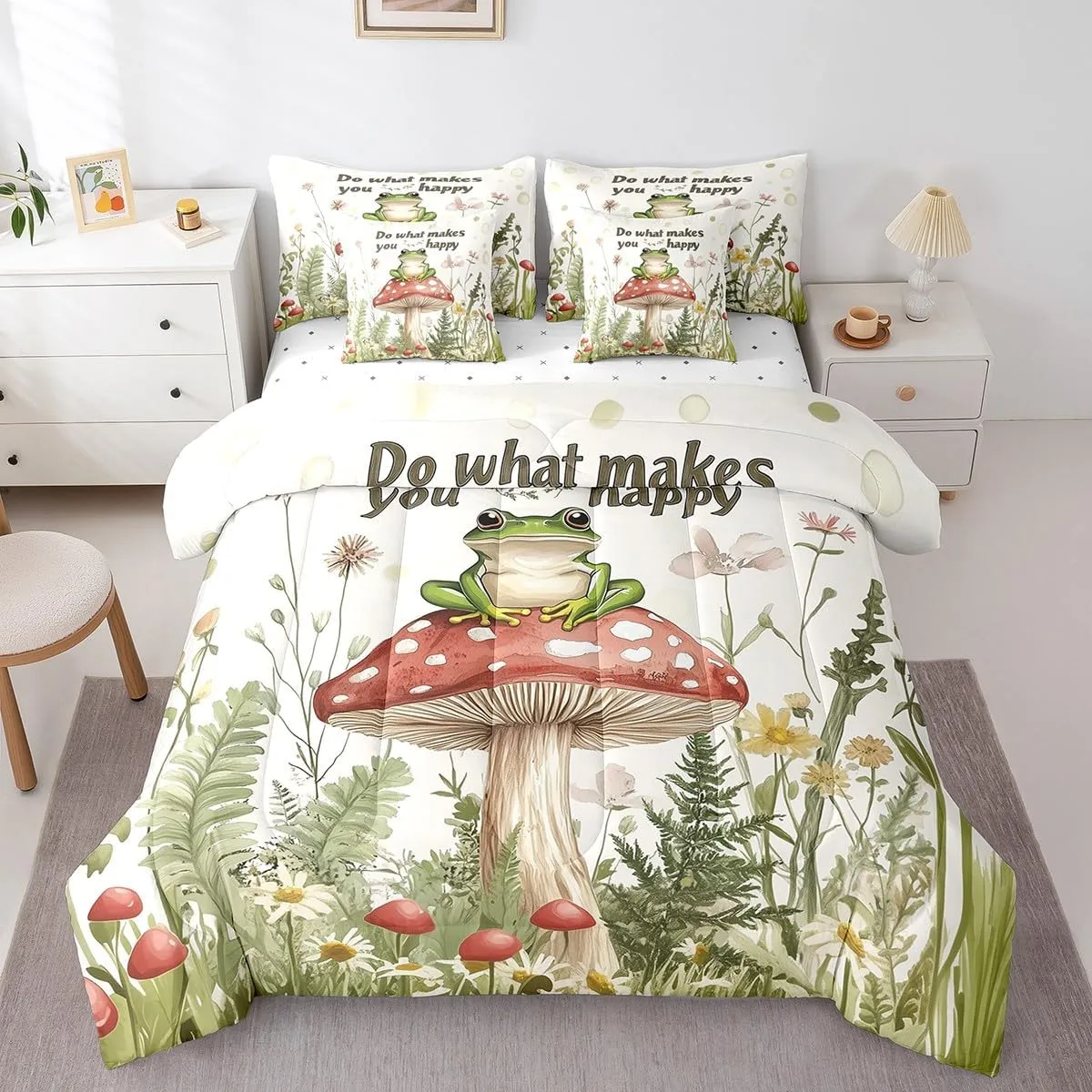 Feelyou Frog Comforter Set with Sheets King Size Cute Bed in a Bag Funny Animal Theme 7 Pieces Bedding Set Bluish White Bed Set Room Decor Small Animall