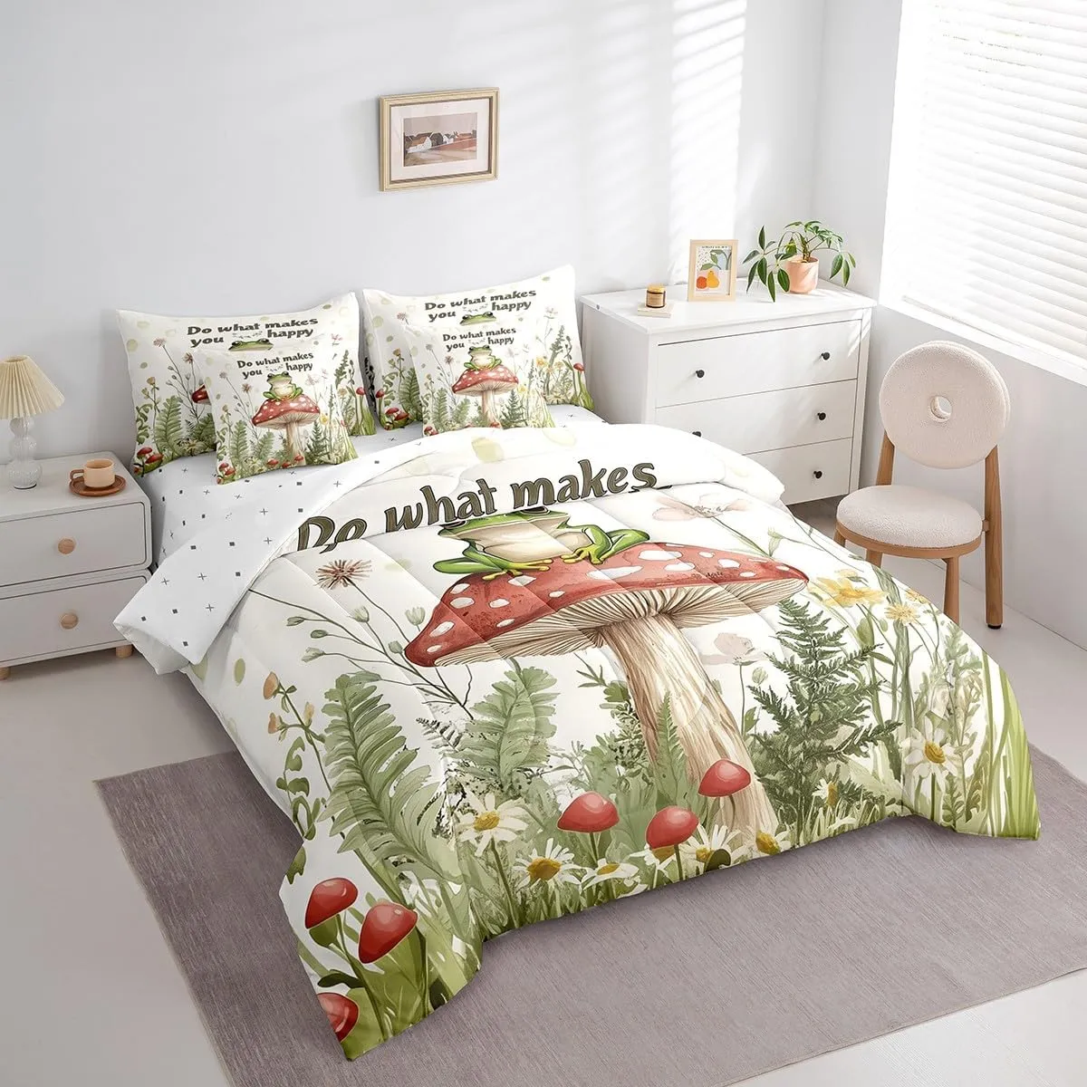 Feelyou Frog Comforter Set with Sheets King Size Cute Bed in a Bag Funny Animal Theme 7 Pieces Bedding Set Bluish White Bed Set Room Decor Small Animall