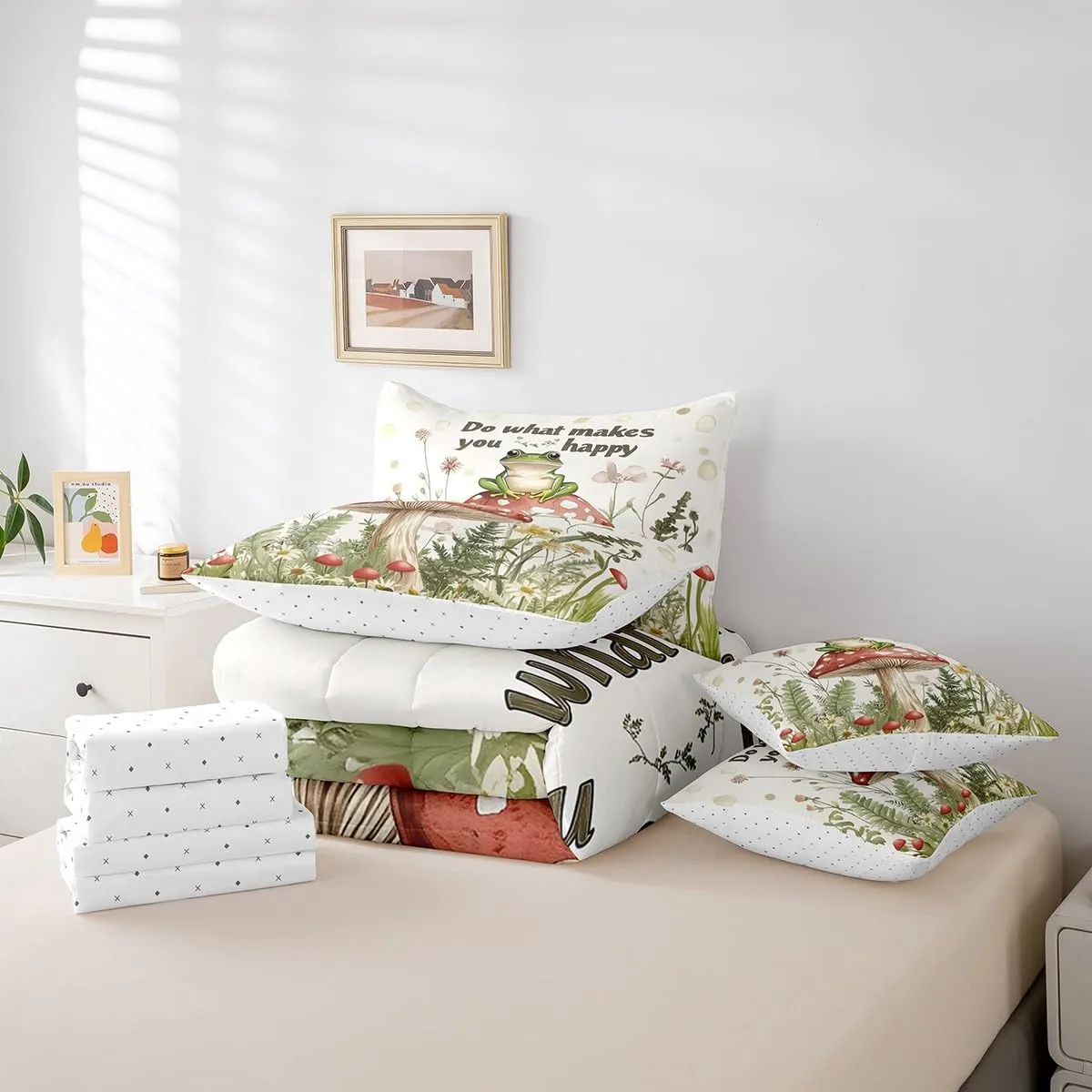 Feelyou Frog Comforter Set with Sheets King Size Cute Bed in a Bag Funny Animal Theme 7 Pieces Bedding Set Bluish White Bed Set Room Decor Small Animall