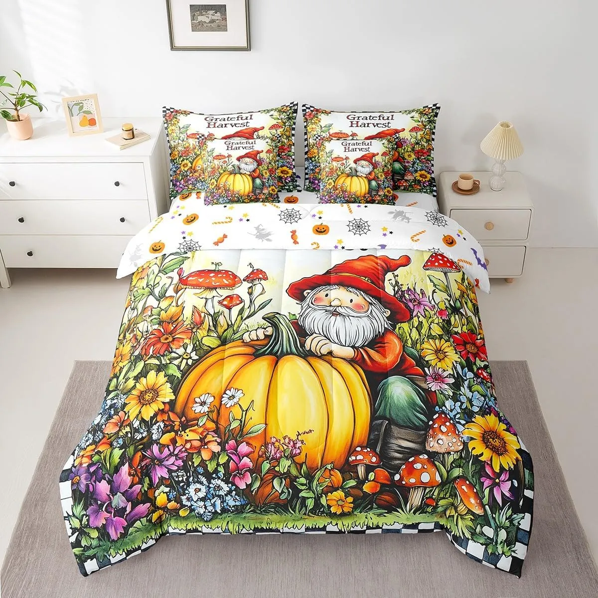Feelyou Happy Fall Y'all 7 Piece Bedding Set King Fall Pumpkin Bedding Bed Set Includes Comforter, Sheet Set, Pillowcases & Pillow Covers Set Decor Thanksgiving Bed in a Bag Dwarf Floral Mushroom