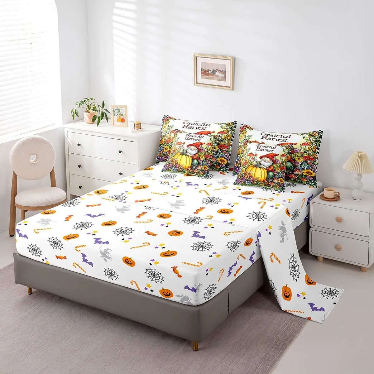 Feelyou Happy Fall Y'all 7 Piece Bedding Set King Fall Pumpkin Bedding Bed Set Includes Comforter, Sheet Set, Pillowcases & Pillow Covers Set Decor Thanksgiving Bed in a Bag Dwarf Floral Mushroom