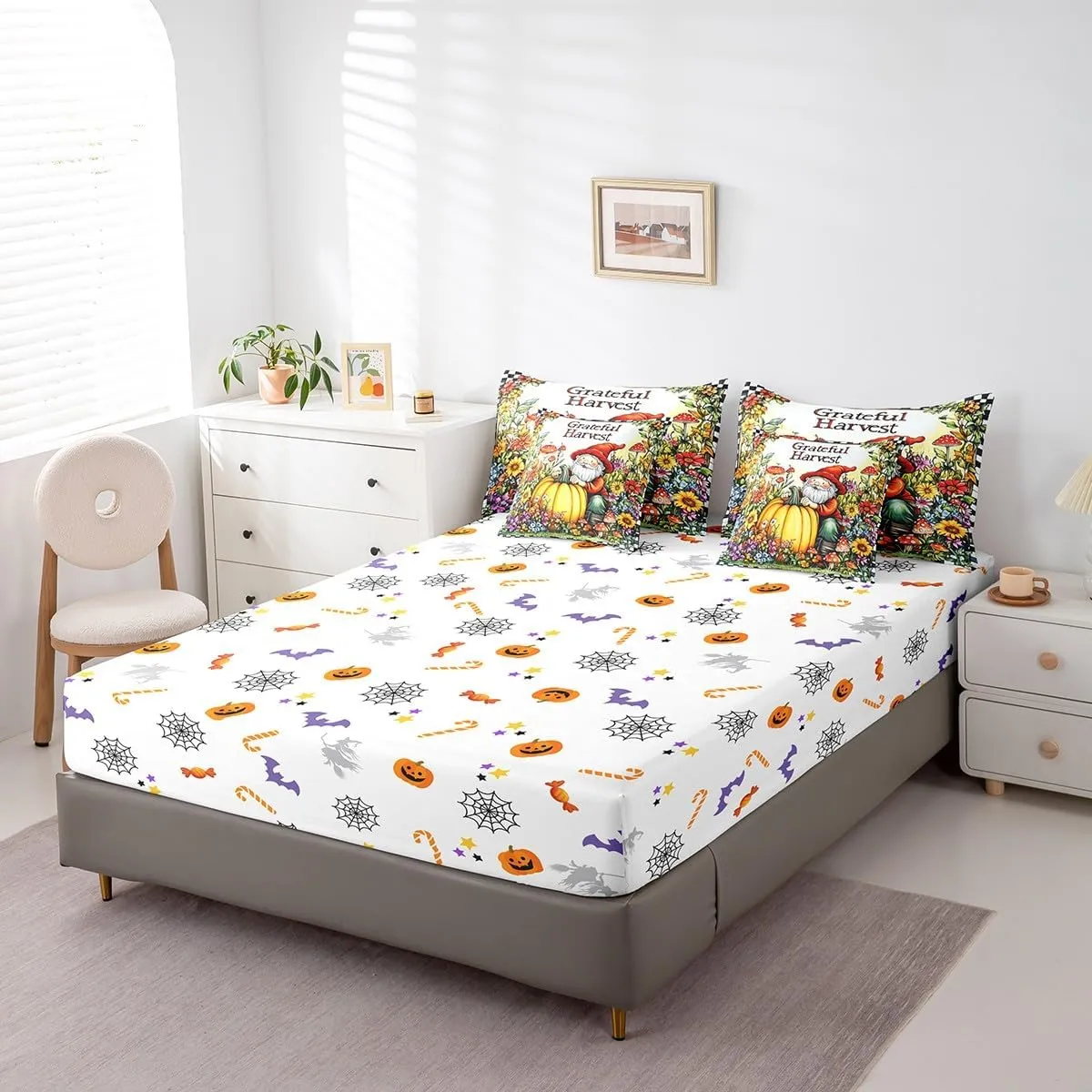 Feelyou Happy Fall Y'all 7 Piece Bedding Set King Fall Pumpkin Bedding Bed Set Includes Comforter, Sheet Set, Pillowcases & Pillow Covers Set Decor Thanksgiving Bed in a Bag Dwarf Floral Mushroom