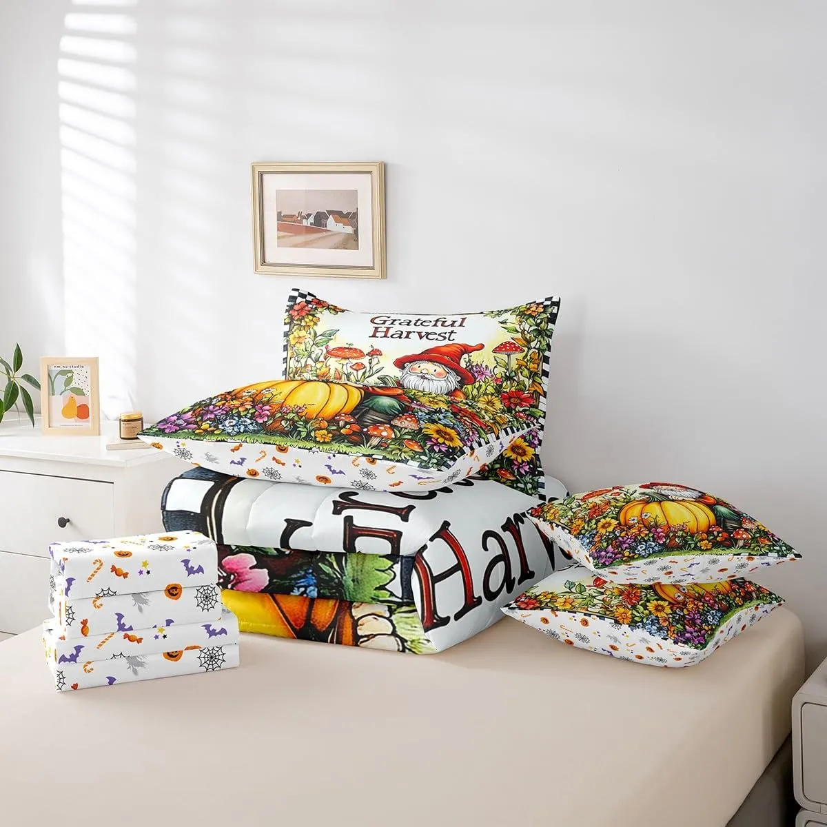 Feelyou Happy Fall Y'all 7 Piece Bedding Set King Fall Pumpkin Bedding Bed Set Includes Comforter, Sheet Set, Pillowcases & Pillow Covers Set Decor Thanksgiving Bed in a Bag Dwarf Floral Mushroom
