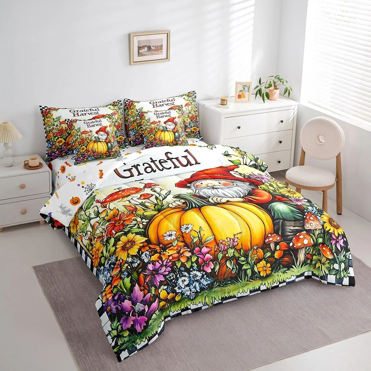 Feelyou Happy Fall Y'all 7 Piece Bedding Set King Fall Pumpkin Bedding Bed Set Includes Comforter, Sheet Set, Pillowcases & Pillow Covers Set Decor Thanksgiving Bed in a Bag Dwarf Floral Mushroom