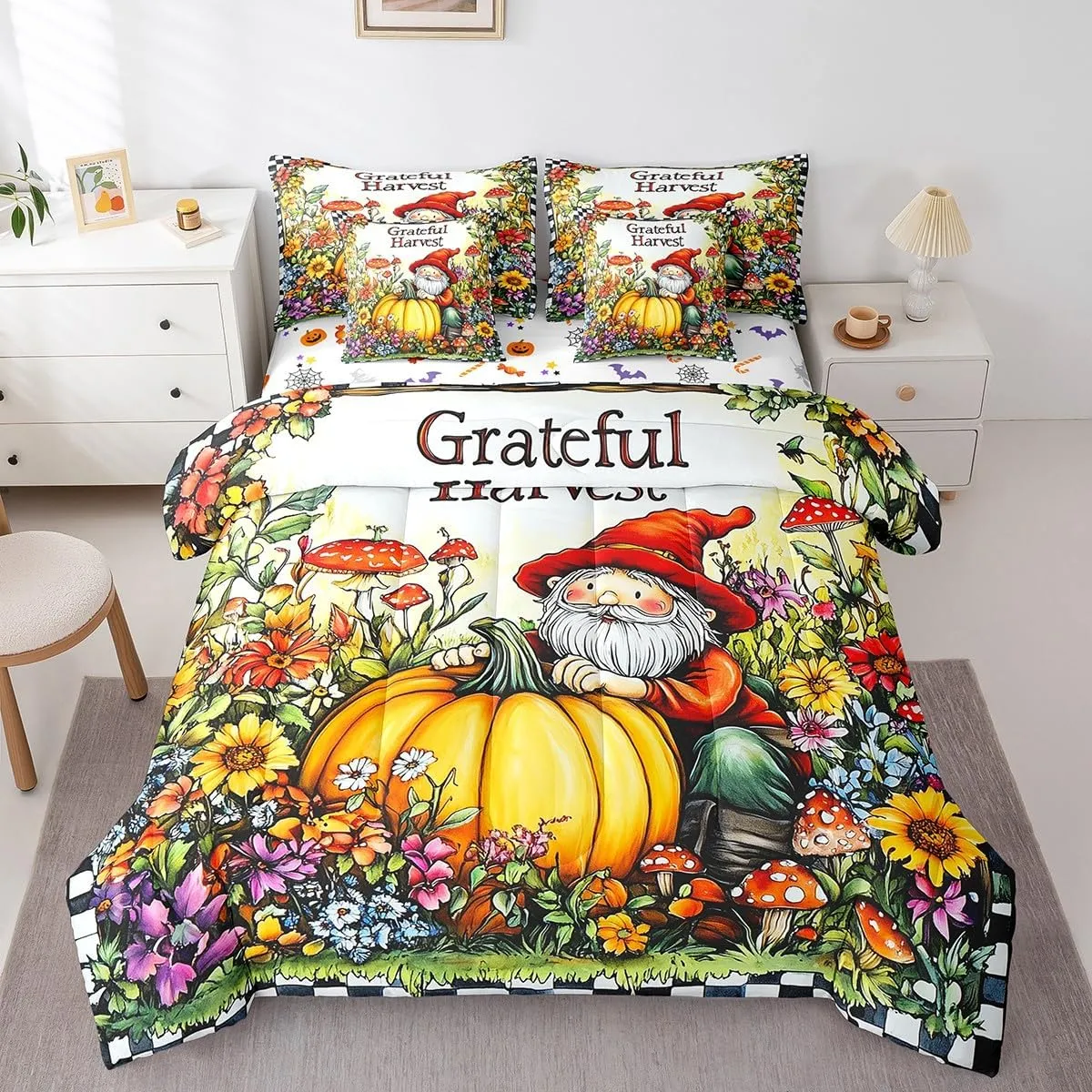 Feelyou Happy Fall Y'all 7 Piece Bedding Set King Fall Pumpkin Bedding Bed Set Includes Comforter, Sheet Set, Pillowcases & Pillow Covers Set Decor Thanksgiving Bed in a Bag Dwarf Floral Mushroom