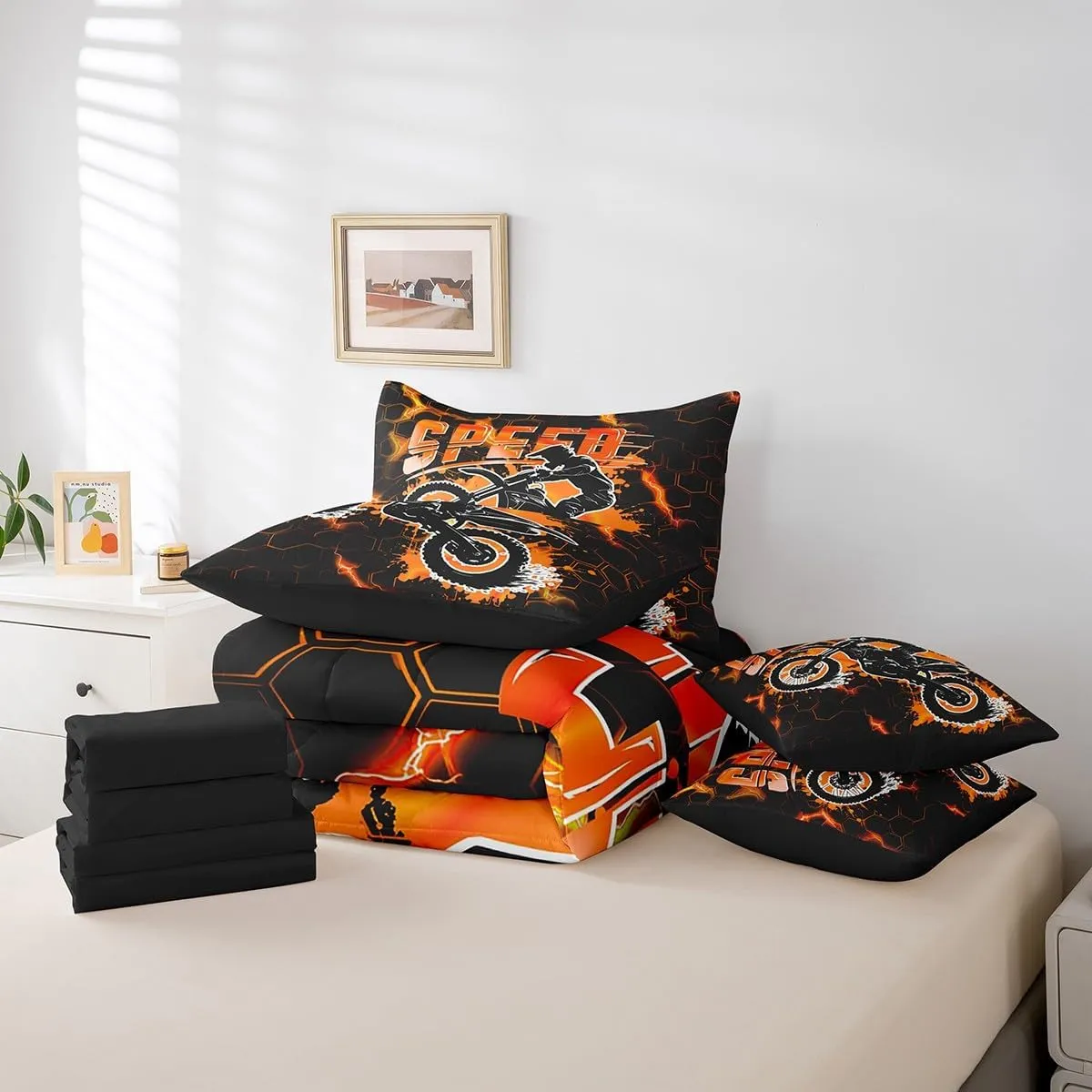 Feelyou Kids Dirt Bike Comforter Set with Sheets Full Size, Extreme Sports 7 Pieces Bedding Set Boys Girls Racing Motocross Bed in A Bag Motorcycle Teens Bed Set Bedroom Decor 7Pcs