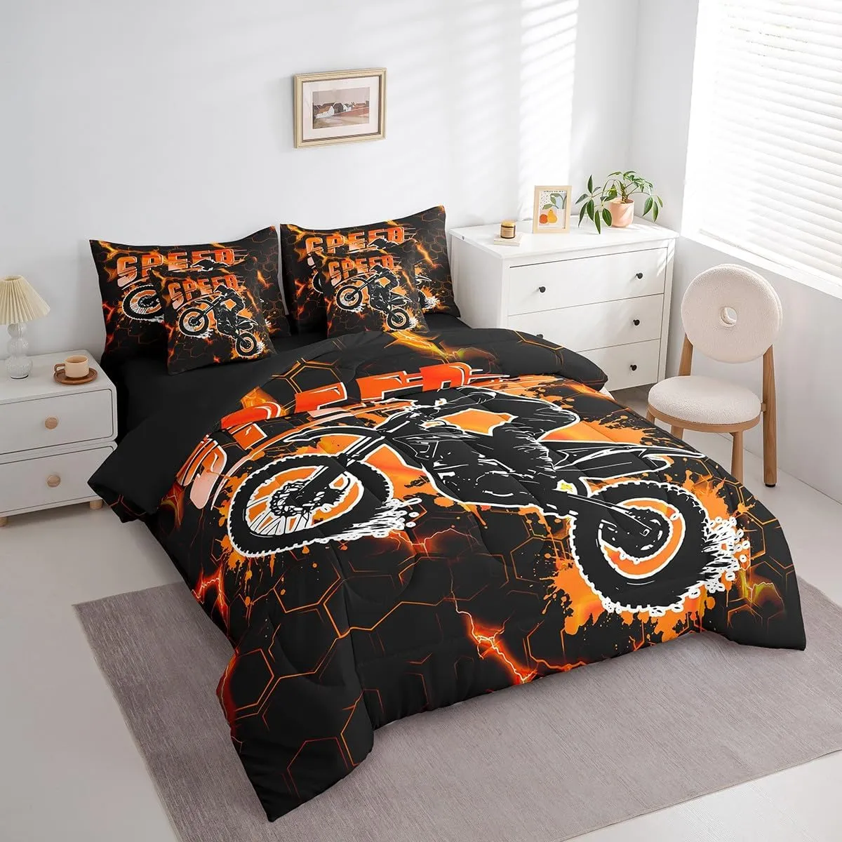 Feelyou Kids Dirt Bike Comforter Set with Sheets Full Size, Extreme Sports 7 Pieces Bedding Set Boys Girls Racing Motocross Bed in A Bag Motorcycle Teens Bed Set Bedroom Decor 7Pcs