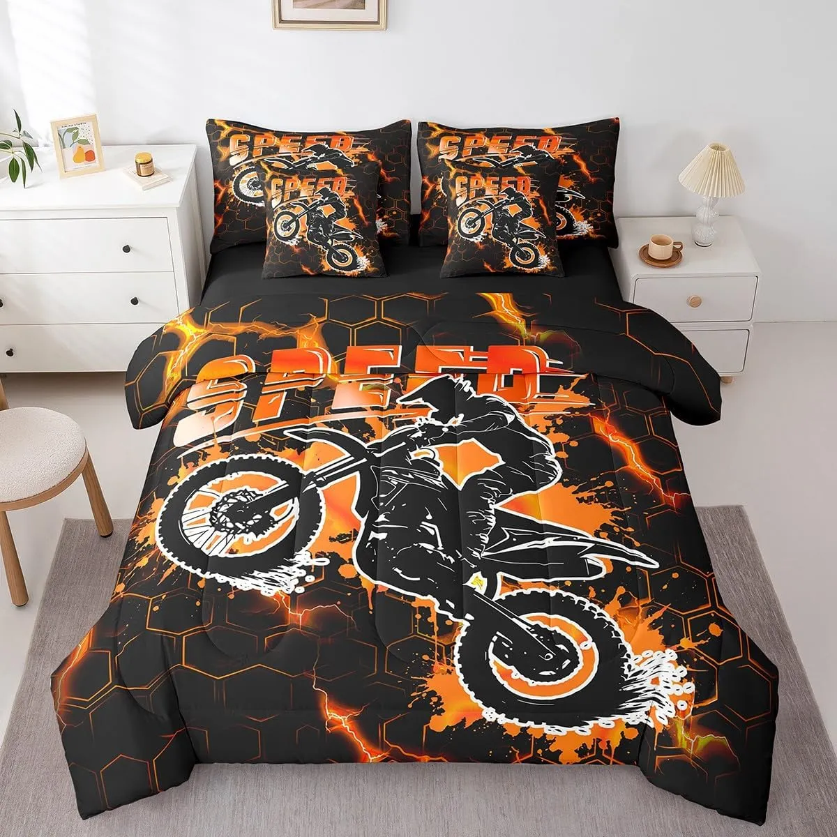Feelyou Kids Dirt Bike Comforter Set with Sheets Full Size, Extreme Sports 7 Pieces Bedding Set Boys Girls Racing Motocross Bed in A Bag Motorcycle Teens Bed Set Bedroom Decor 7Pcs