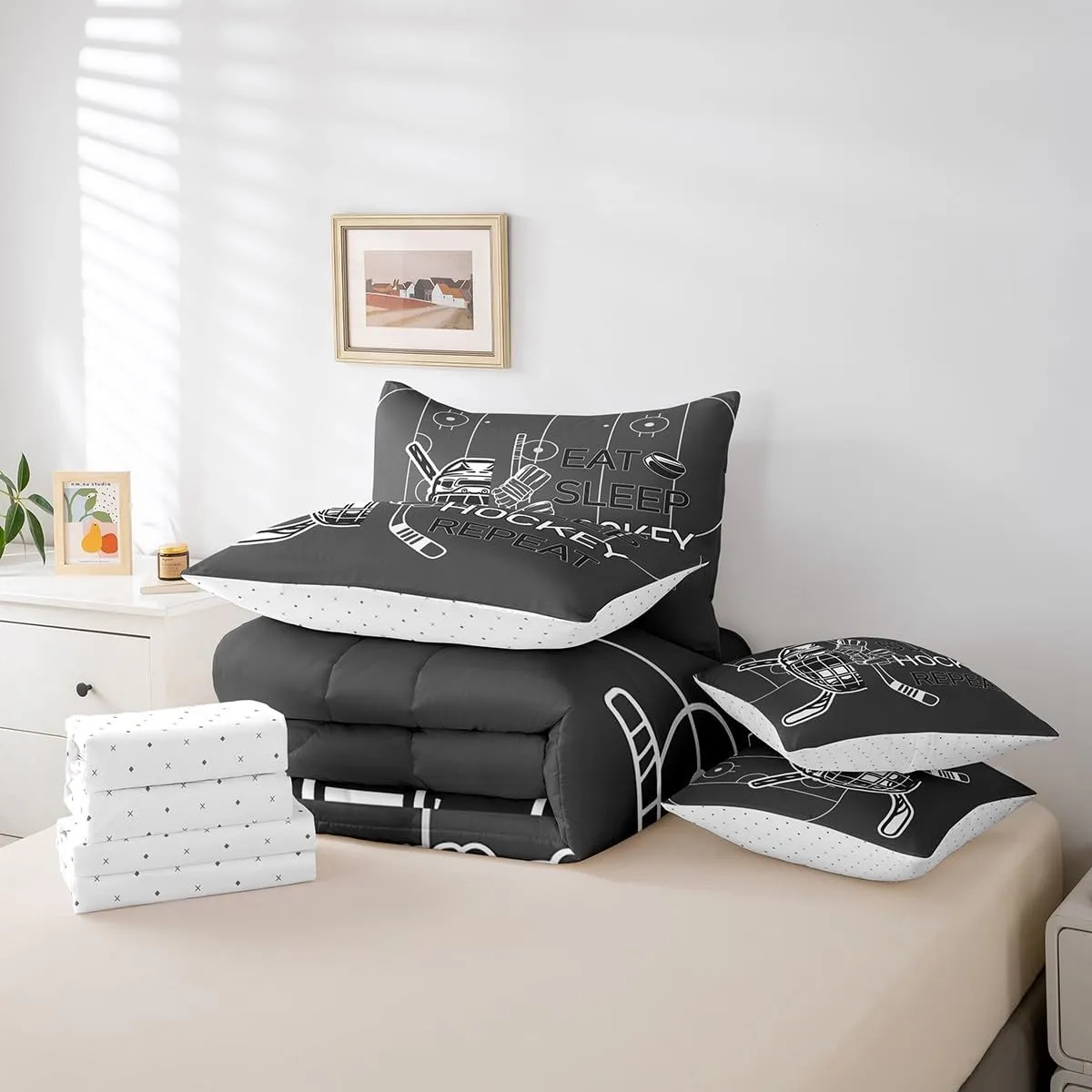 Feelyou Kids Ice Hockey Comforter Set 7 Pieces Twin Size Eat Sleep Hockey Bedding Set Winter Sports Hobby Coal Black Bedding Set - Includes Comforter, Sheet Set, Pillowcases & Pillow Covers