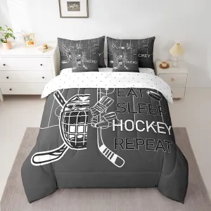 Feelyou Kids Ice Hockey Comforter Set 7 Pieces Twin Size Eat Sleep Hockey Bedding Set Winter Sports Hobby Coal Black Bedding Set - Includes Comforter, Sheet Set, Pillowcases & Pillow Covers