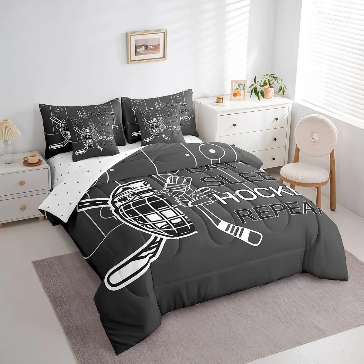 Feelyou Kids Ice Hockey Comforter Set 7 Pieces Twin Size Eat Sleep Hockey Bedding Set Winter Sports Hobby Coal Black Bedding Set - Includes Comforter, Sheet Set, Pillowcases & Pillow Covers