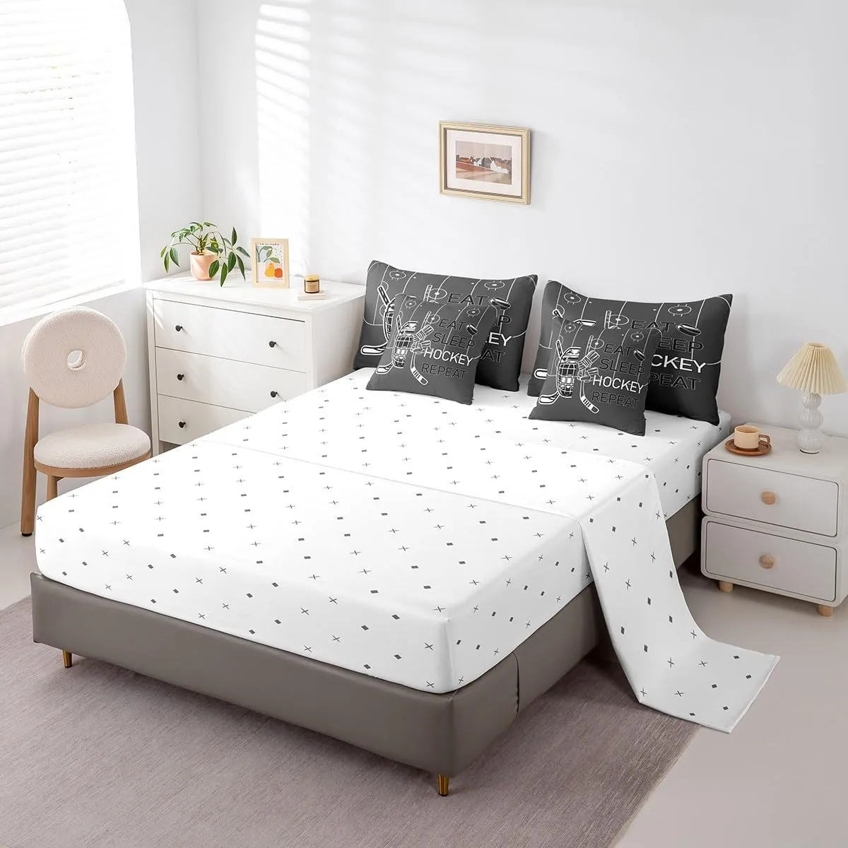 Feelyou Kids Ice Hockey Comforter Set 7 Pieces Twin Size Eat Sleep Hockey Bedding Set Winter Sports Hobby Coal Black Bedding Set - Includes Comforter, Sheet Set, Pillowcases & Pillow Covers