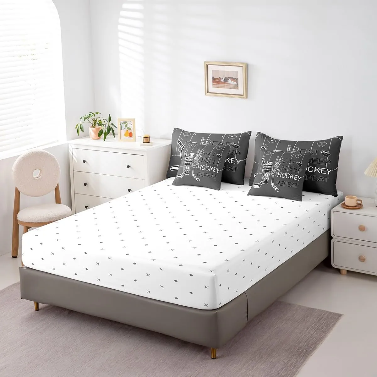 Feelyou Kids Ice Hockey Comforter Set 7 Pieces Twin Size Eat Sleep Hockey Bedding Set Winter Sports Hobby Coal Black Bedding Set - Includes Comforter, Sheet Set, Pillowcases & Pillow Covers