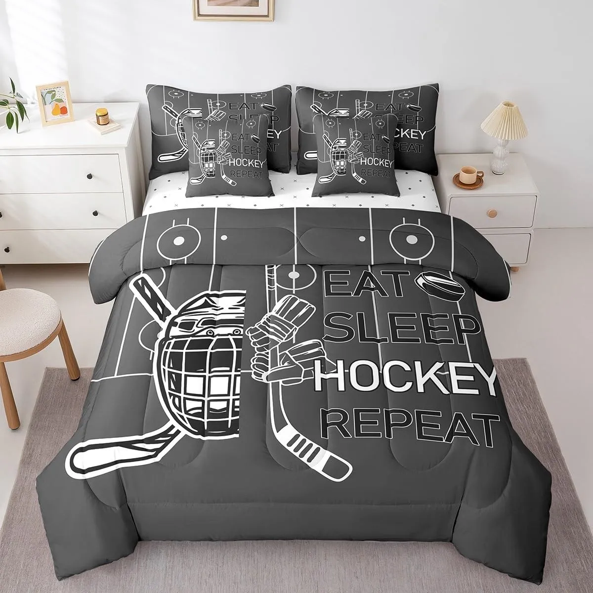 Feelyou Kids Ice Hockey Comforter Set 7 Pieces Twin Size Eat Sleep Hockey Bedding Set Winter Sports Hobby Coal Black Bedding Set - Includes Comforter, Sheet Set, Pillowcases & Pillow Covers
