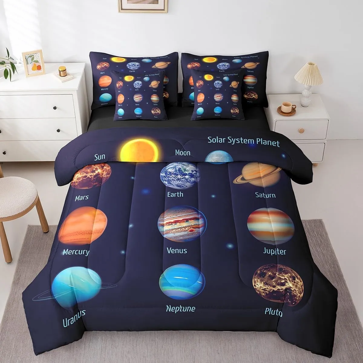 Feelyou Solar System Planets Bed in A Bag for Girls Boys Kids Outer Space Universe Planet Comforter Set 7 Pieces Queen Size Blue Galaxy Room Decorative Bedding Set Astronomy Bed Set with Sheets