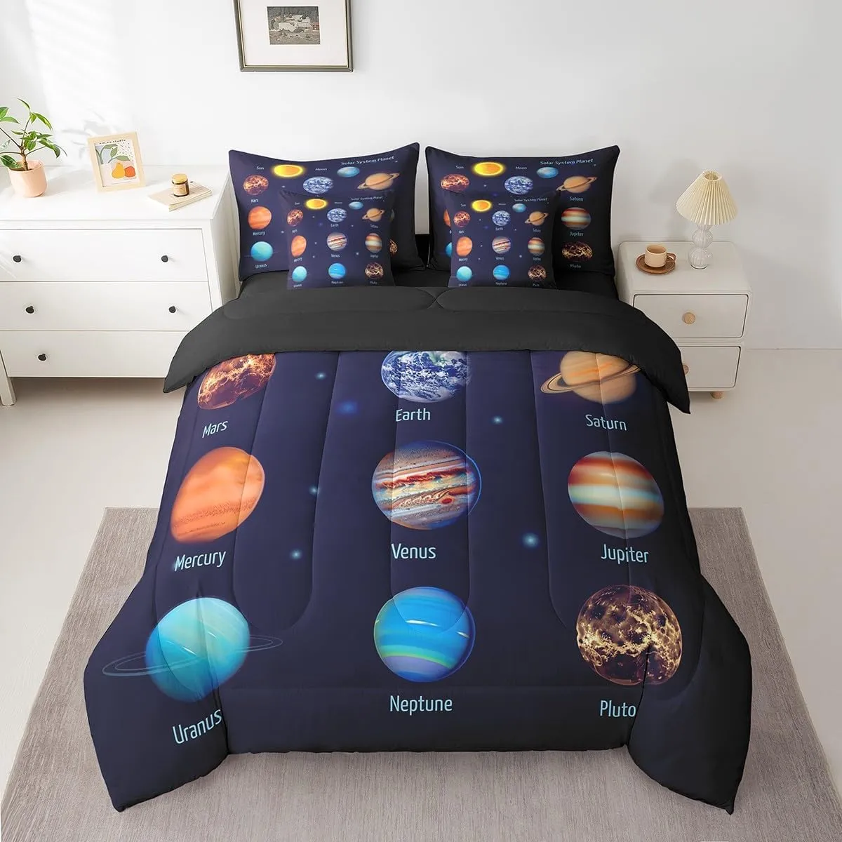 Feelyou Solar System Planets Bed in A Bag for Girls Boys Kids Outer Space Universe Planet Comforter Set 7 Pieces Queen Size Blue Galaxy Room Decorative Bedding Set Astronomy Bed Set with Sheets