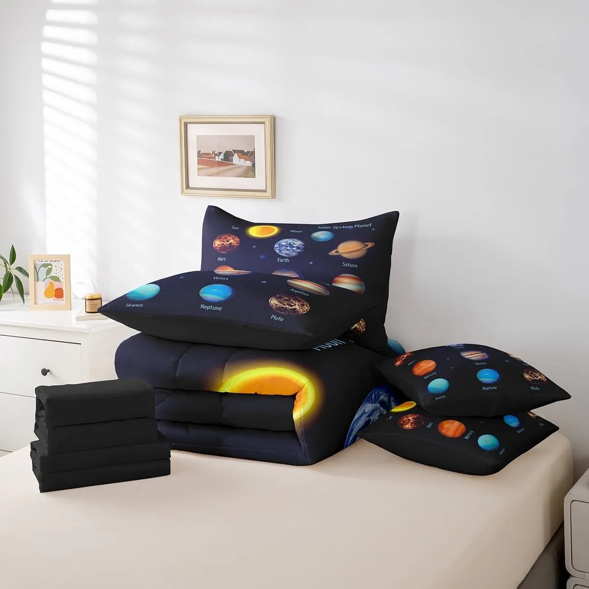 Feelyou Solar System Planets Bed in A Bag for Girls Boys Kids Outer Space Universe Planet Comforter Set 7 Pieces Queen Size Blue Galaxy Room Decorative Bedding Set Astronomy Bed Set with Sheets