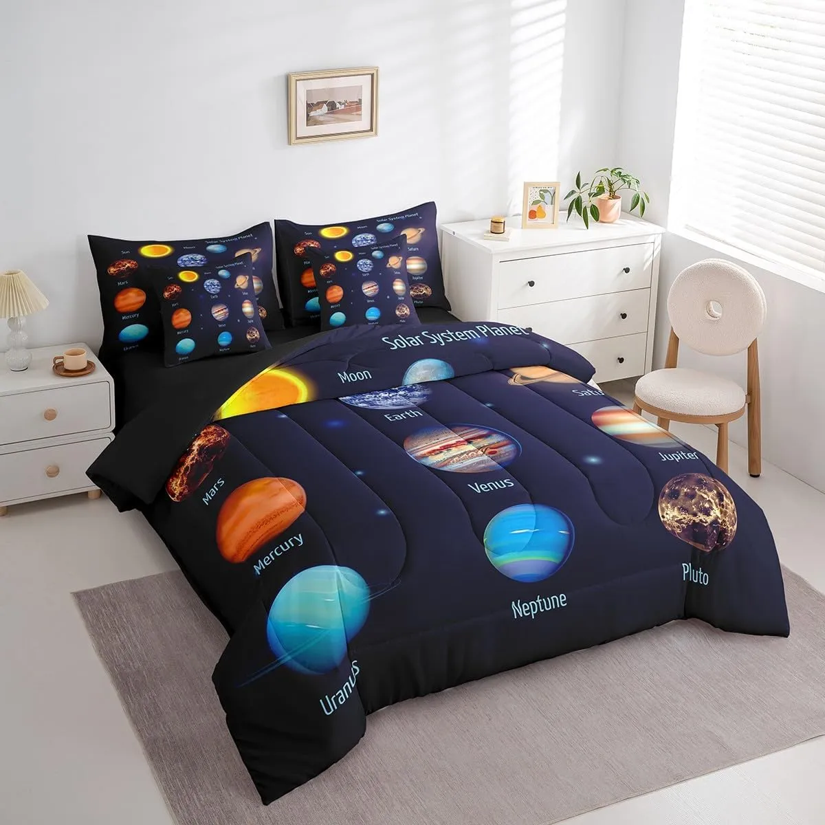 Feelyou Solar System Planets Bed in A Bag for Girls Boys Kids Outer Space Universe Planet Comforter Set 7 Pieces Queen Size Blue Galaxy Room Decorative Bedding Set Astronomy Bed Set with Sheets