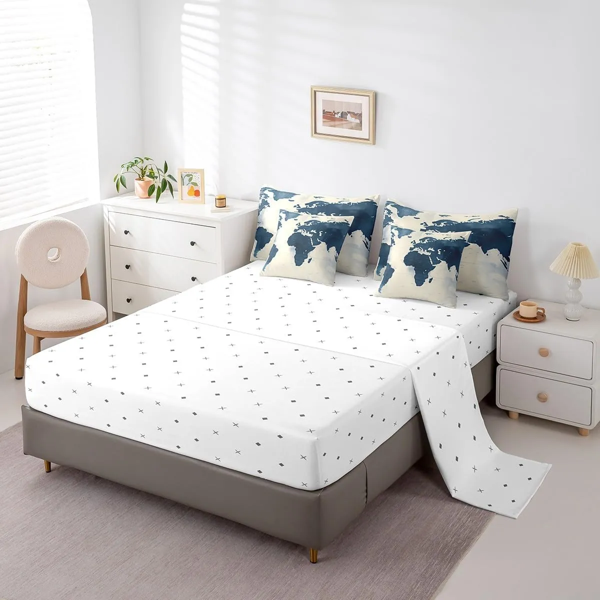 Feelyou World Map Comforter Set Full Size - 7 Pieces Bed in a Bag Set, Blue World Map Geography Bedding Sets with All Season Quilted Comforter, Flat Sheet, Fitted Sheet, Pillowcases, Pillow Covers