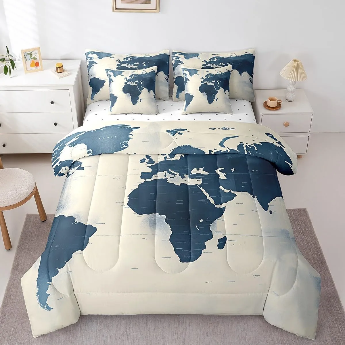 Feelyou World Map Comforter Set Full Size - 7 Pieces Bed in a Bag Set, Blue World Map Geography Bedding Sets with All Season Quilted Comforter, Flat Sheet, Fitted Sheet, Pillowcases, Pillow Covers