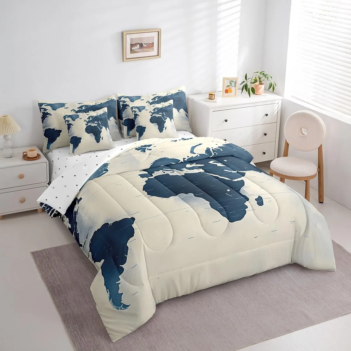 Feelyou World Map Comforter Set Full Size - 7 Pieces Bed in a Bag Set, Blue World Map Geography Bedding Sets with All Season Quilted Comforter, Flat Sheet, Fitted Sheet, Pillowcases, Pillow Covers