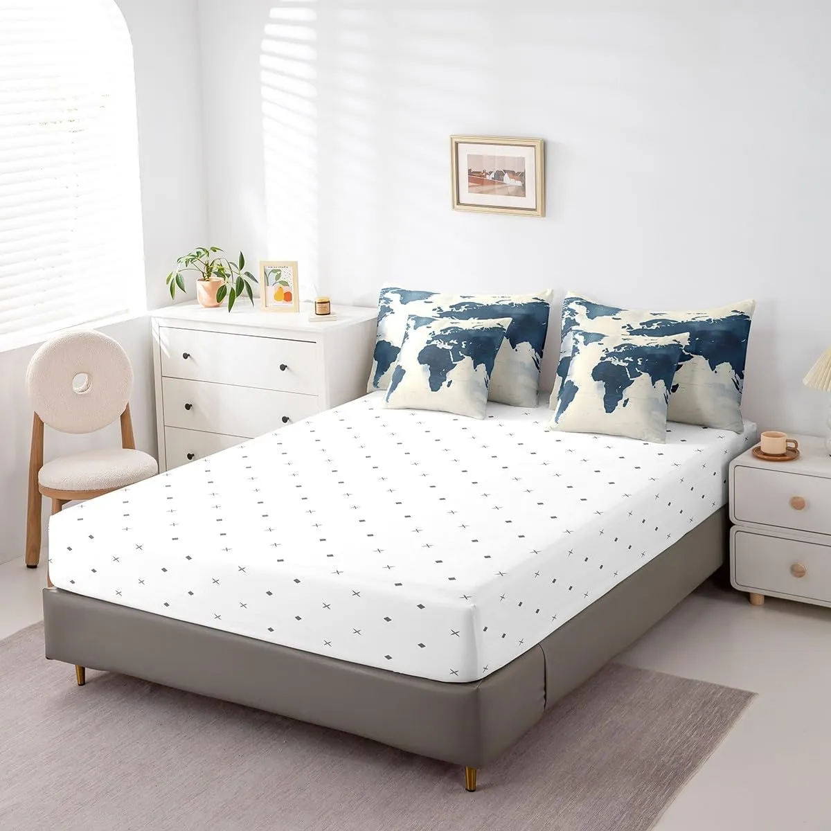 Feelyou World Map Comforter Set Full Size - 7 Pieces Bed in a Bag Set, Blue World Map Geography Bedding Sets with All Season Quilted Comforter, Flat Sheet, Fitted Sheet, Pillowcases, Pillow Covers