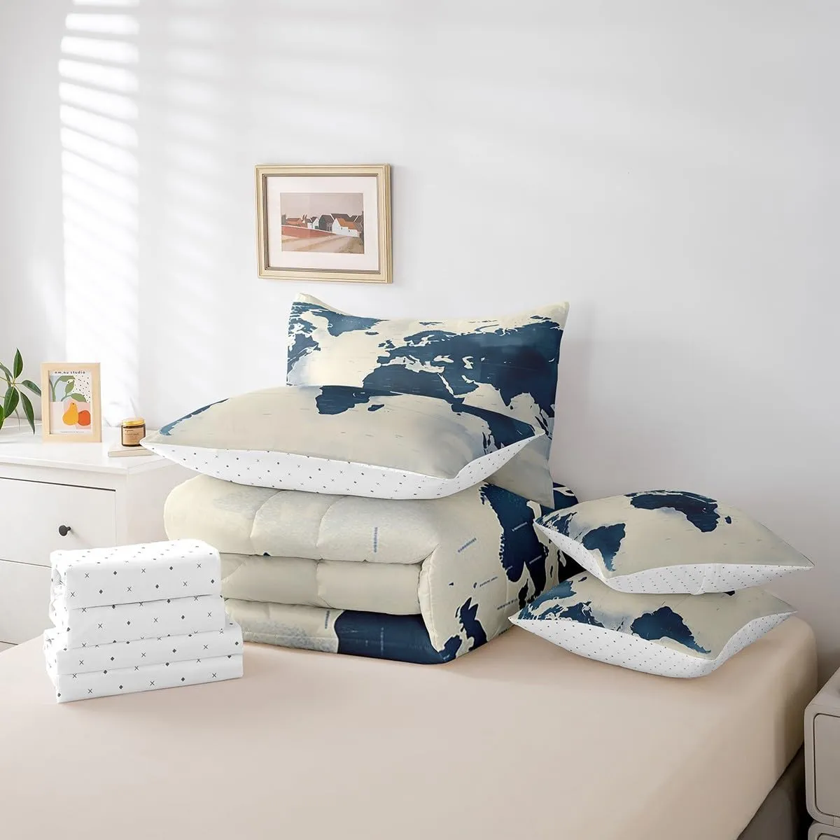 Feelyou World Map Comforter Set Full Size - 7 Pieces Bed in a Bag Set, Blue World Map Geography Bedding Sets with All Season Quilted Comforter, Flat Sheet, Fitted Sheet, Pillowcases, Pillow Covers