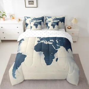 Feelyou World Map Comforter Set Full Size - 7 Pieces Bed in a Bag Set, Blue World Map Geography Bedding Sets with All Season Quilted Comforter, Flat Sheet, Fitted Sheet, Pillowcases, Pillow Covers