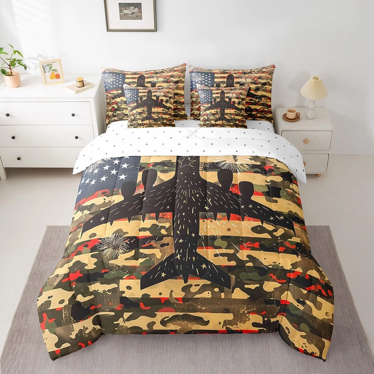 Feelyou 7 Piece Camo Airplane Bed in a Bag Full Cartoon Aircraft Sheet Set American Flag for Boys Girls Kids Stars Stripes Bedding Comforter Flying Plane Cushion Covers