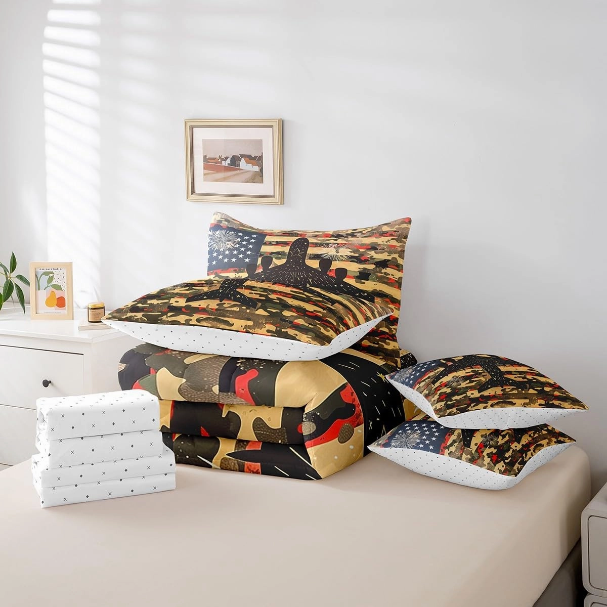 Feelyou 7 Piece Camo Airplane Bed in a Bag Full Cartoon Aircraft Sheet Set American Flag for Boys Girls Kids Stars Stripes Bedding Comforter Flying Plane Cushion Covers