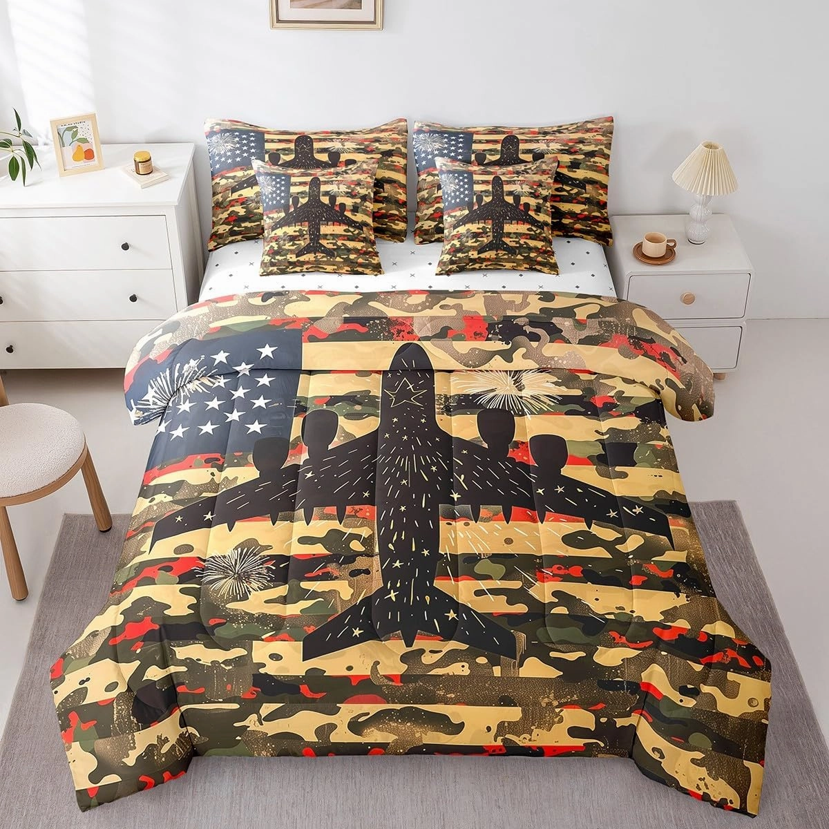 Feelyou 7 Piece Camo Airplane Bed in a Bag Full Cartoon Aircraft Sheet Set American Flag for Boys Girls Kids Stars Stripes Bedding Comforter Flying Plane Cushion Covers