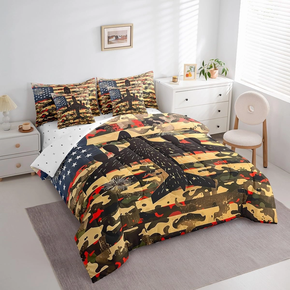 Feelyou 7 Piece Camo Airplane Bed in a Bag Full Cartoon Aircraft Sheet Set American Flag for Boys Girls Kids Stars Stripes Bedding Comforter Flying Plane Cushion Covers