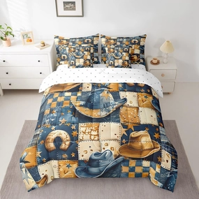 Feelyou Blue Brown Western Decor Twin Comforter Set with Sheets for Girls Boys Kids Wild West Cowboy Bed in a Bag Horseshoe 7 Pieces Bedding Set Grunge Design Bed Set