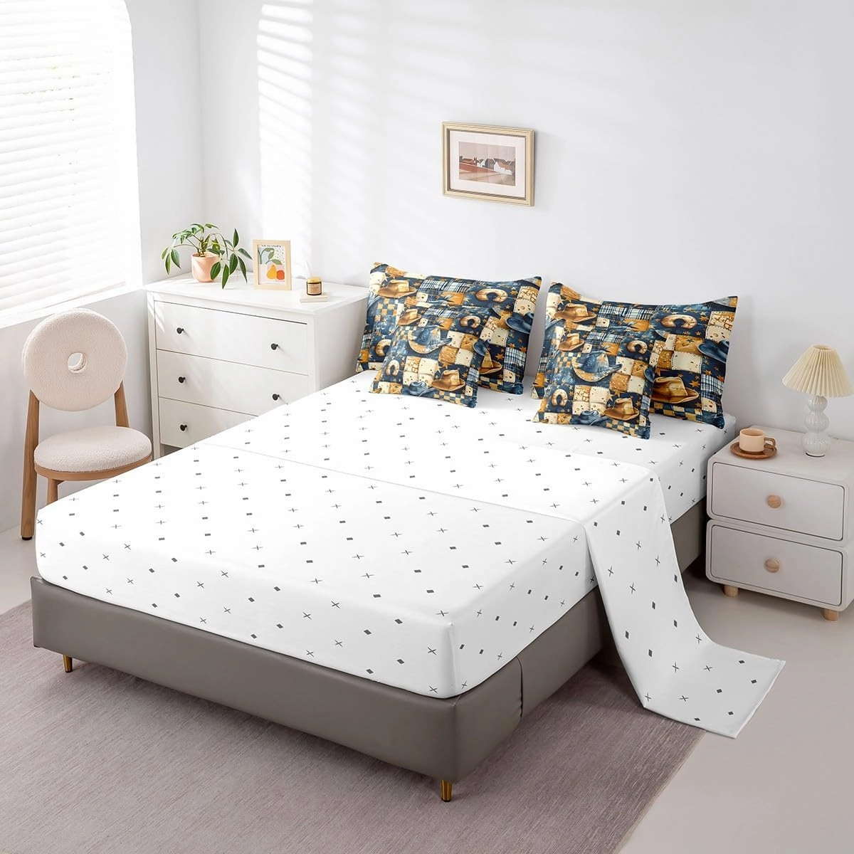 Feelyou Blue Brown Western Decor Twin Comforter Set with Sheets for Girls Boys Kids Wild West Cowboy Bed in a Bag Horseshoe 7 Pieces Bedding Set Grunge Design Bed Set